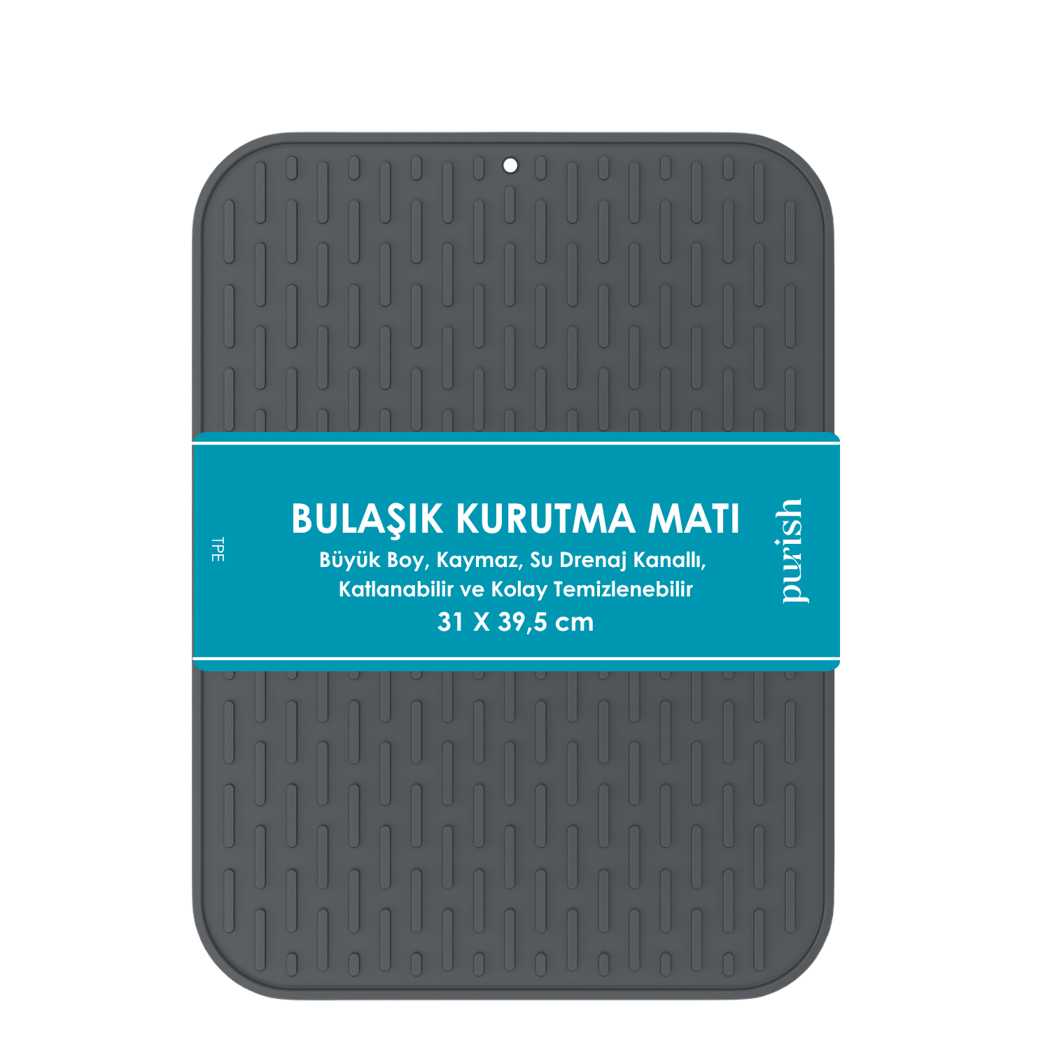 Purish | Bulaşık Kurutma Matı –TPE – 31x39,5 cm, Kaymaz, Su Drenaj Kanallı, Katlanabilir ve Kolay Temizlenebilir (Antrasit Gri)
