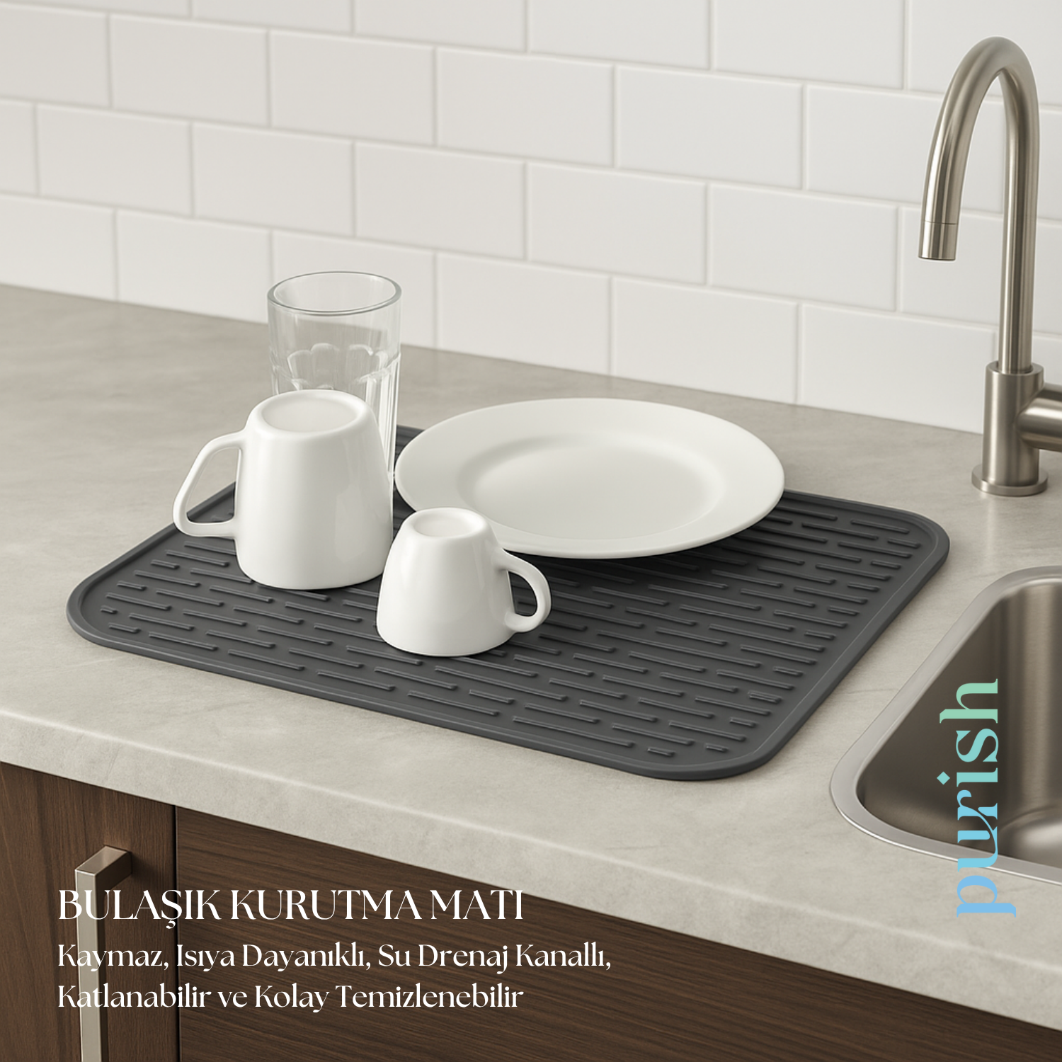 Purish | Bulaşık Kurutma Matı –TPE – 31x39,5 cm, Kaymaz, Su Drenaj Kanallı, Katlanabilir ve Kolay Temizlenebilir (Antrasit Gri)