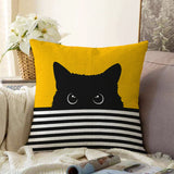 Sarı Zemin Çizgili Motif Kara Kedi Tasarımlı Modern Şönil Yastık Kırlent Kılıfı