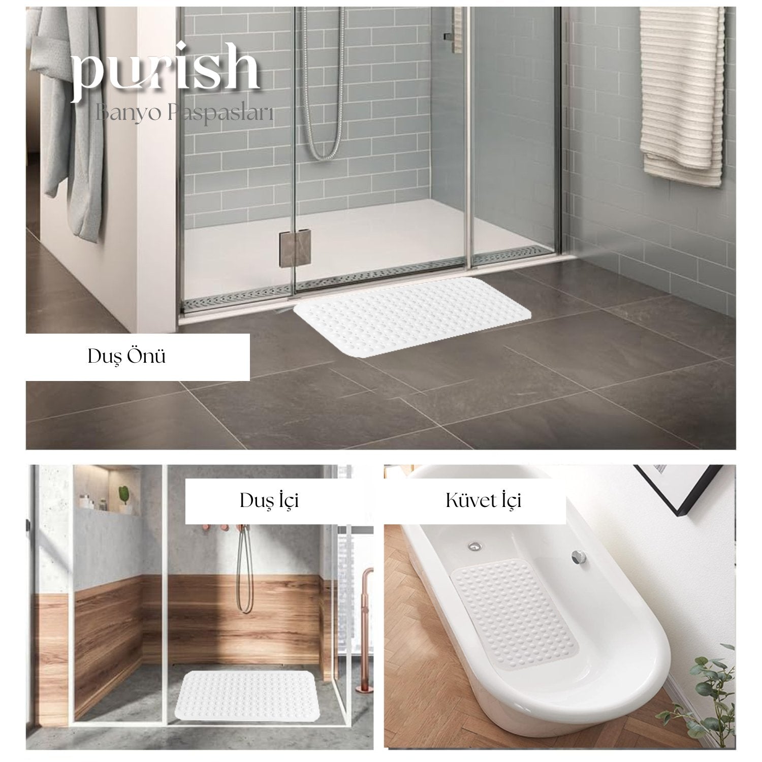 Banyo Paspası, Duş ve Banyo İçin Paspas, Vantuzlu Kaydırmaz, Su Drenajlı, Masaj Noktalı Beyaz Paspas 79x39 cm
