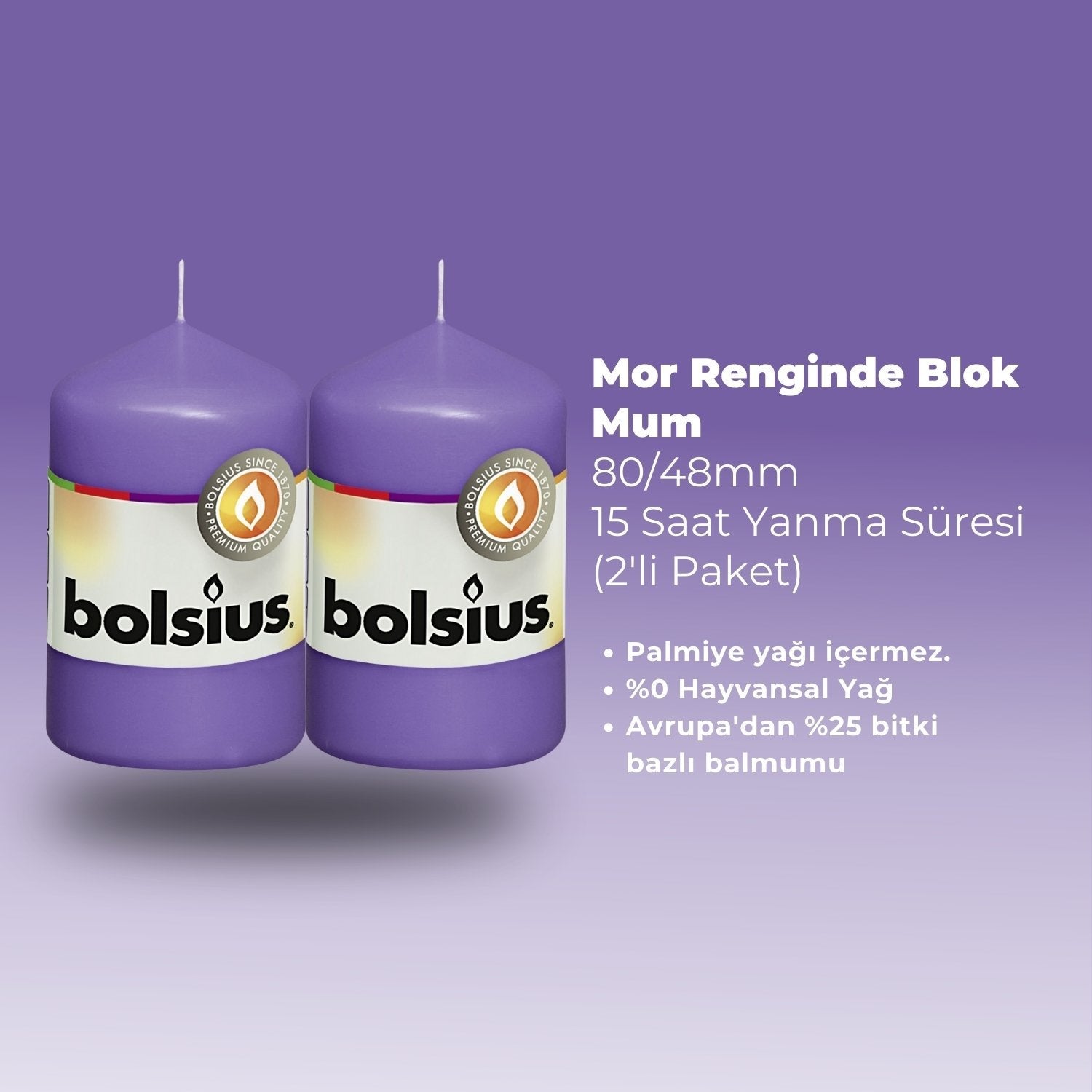 Mor Renkli Blok Sütun Mum - 15 Saat Yanma Süresi - 80/48mm - Herseyben.deAmbiansBlok Mumlar