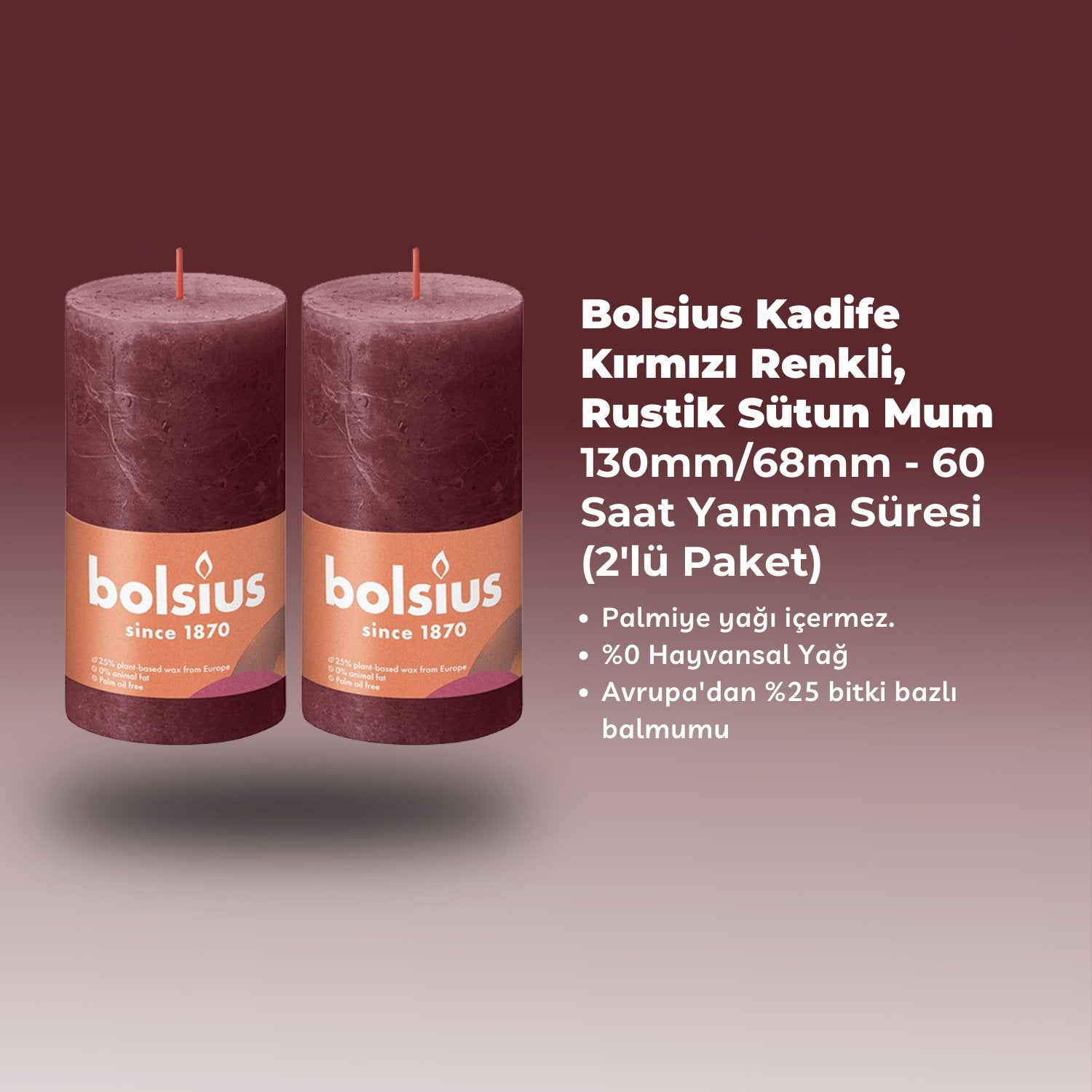 Rustik Blok Mum - Kadife Kırmızı - 130mm/68mm - 60 Saat Yanma Süresi (2'li Paket) - Herseyben.deAmbiansBlok Mumlar