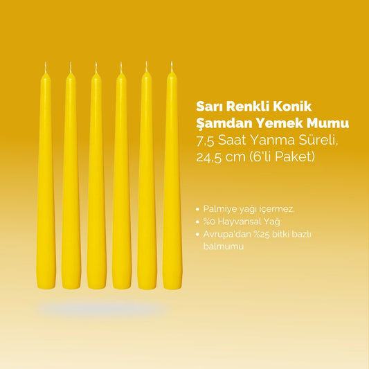 Sarı Renkli Konik Şamdan Yemek Mumu, 7,5 Saat Yanma Süreli, 24,5 cm Uzun Mum (6'li Paket) - Herseyben.deAmbiansbolsius