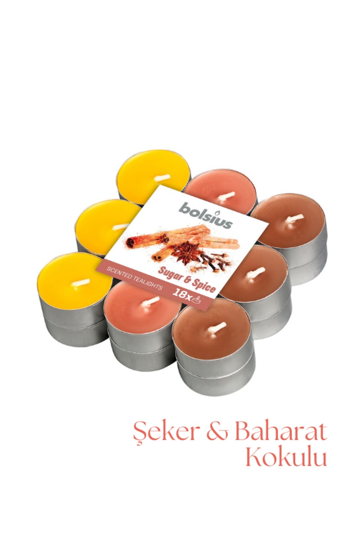 Şeker ve Baharat Kokulu, Karışık Renkli 4 Saat Yanma Süreli Tea light Mum (18'li Paket) - Herseyben.de