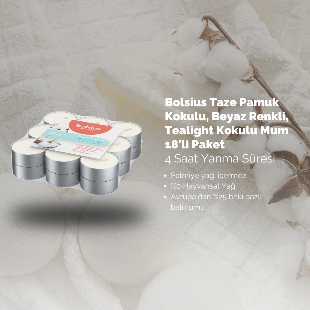 Taze Pamuk Kokulu, Beyaz Renkli 4 Saat Yanma Süreli Tealight Mum (18'li Paket) - Herseyben.deAmbiansbolsius