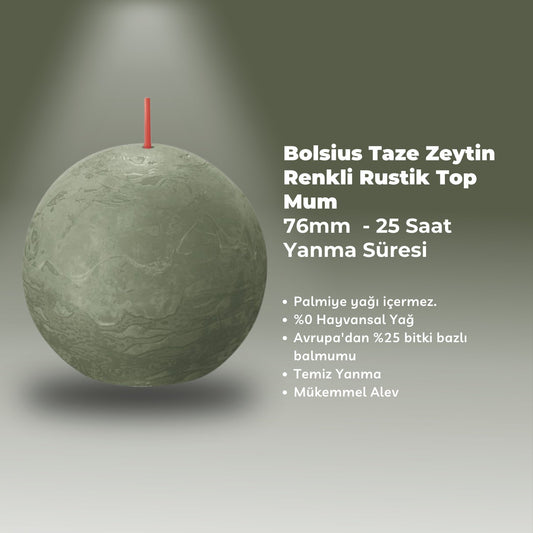 Taze Zeytin Renginde Rustik Top Mum - 76mm - 25 Saat Yanma Süresi - Herseyben.deAmbiansbolsius