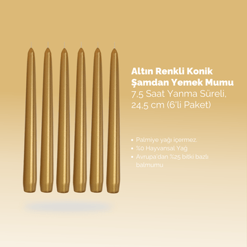 Altın Renkli Konik Şamdan Yemek Mumu, 7,5 Saat Yanma Süreli, 24,5 cm Uzun Mum (6'li Paket) - Herseyben.de