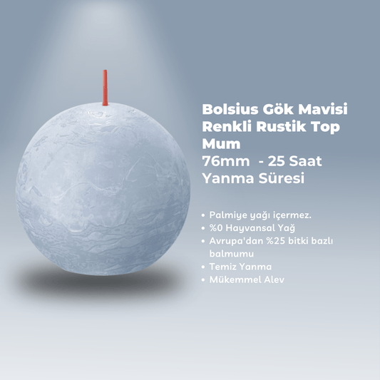 Gök Mavisi Renginde Rustik Top Mum - 76mm - 25 Saat Yanma Süresi - Herseyben.de