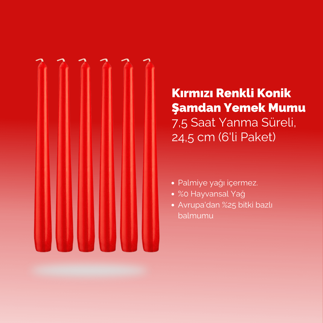 Kırmızı Renkli Konik Şamdan Yemek Mumu, 7,5 Saat Yanma Süreli, 24,5 cm Uzun Mum (6'li Paket) - Herseyben.de