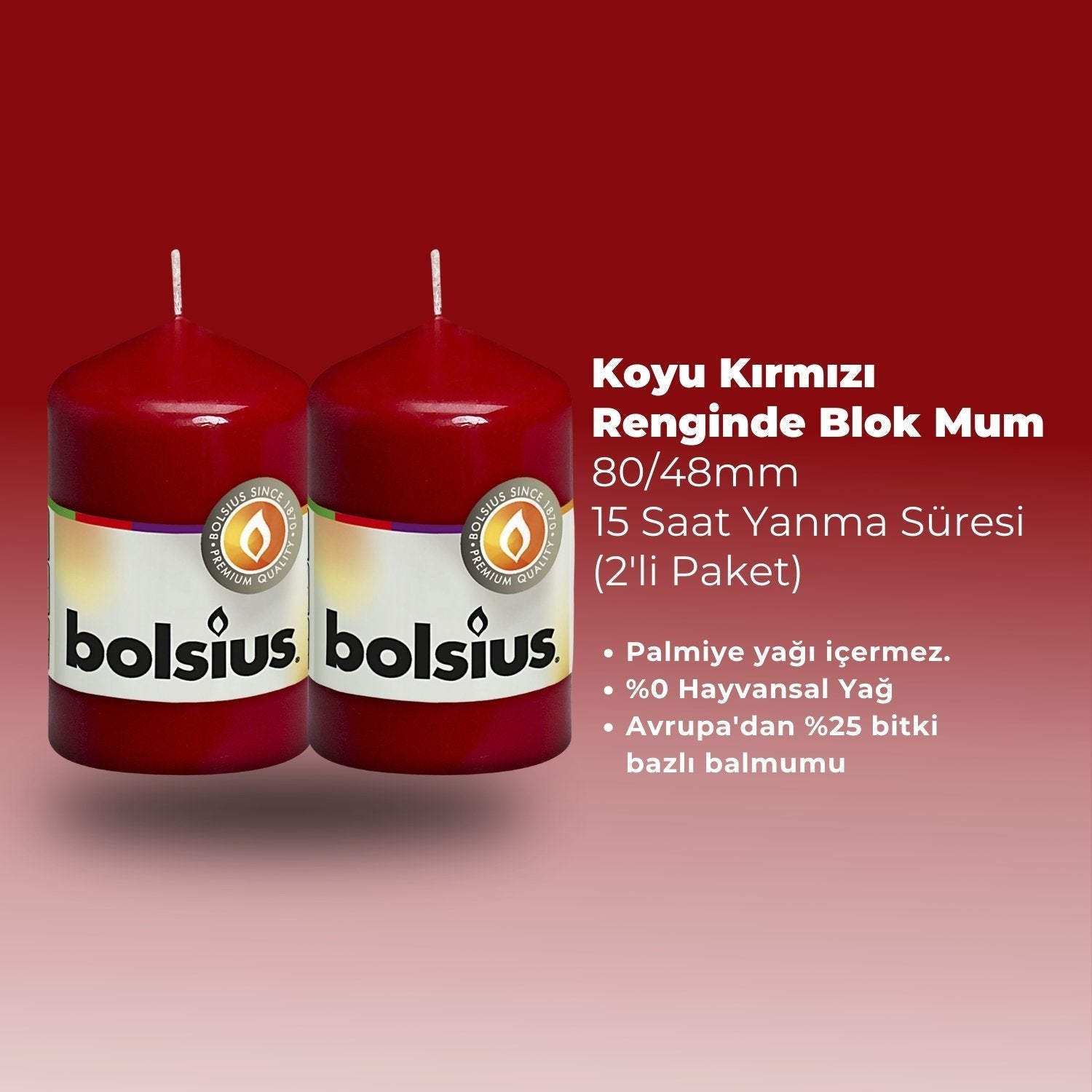 Koyu Kırmızı Renkli Blok Sütun Mum - 15 Saat Yanma Süresi - 80/48mm - Herseyben.de