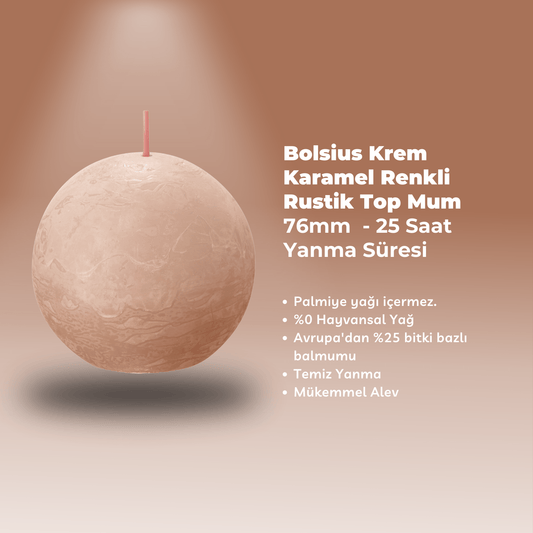 Krem Karamel Renginde Rustik Top Mum - 76mm - 25 Saat Yanma Süresi - Herseyben.de