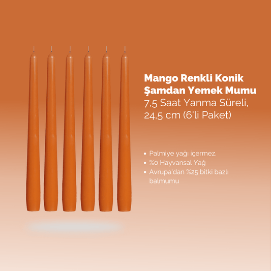 Mango Renkli Konik Şamdan Yemek Mumu, 7,5 Saat Yanma Süreli, 24,5 cm Uzun Mum (6'li Paket) - Herseyben.de