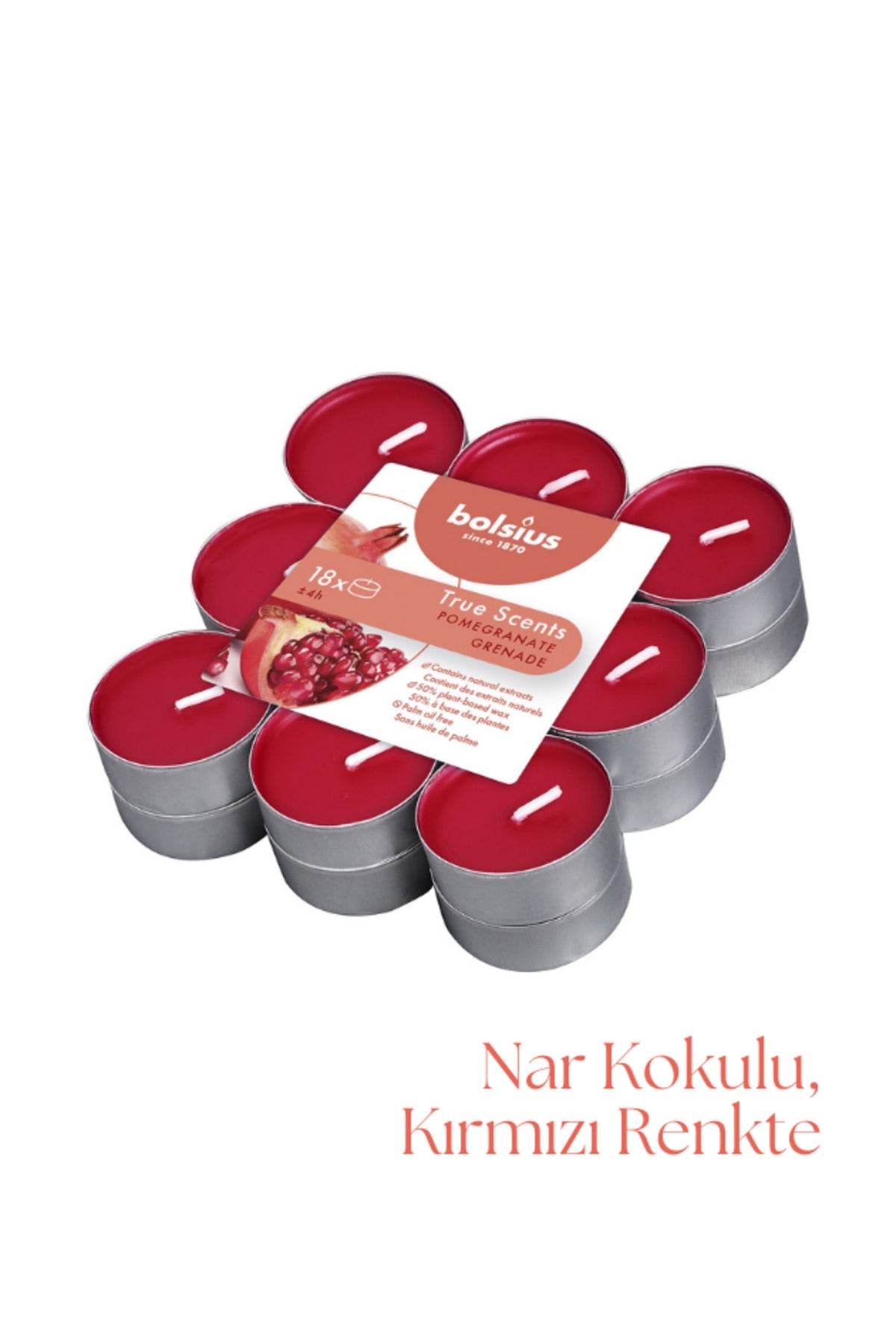 Nar Kokulu, Kırmızı Renkli 4 Saat Yanma Süreli Tealight Mum (18'li Paket) - Herseyben.de