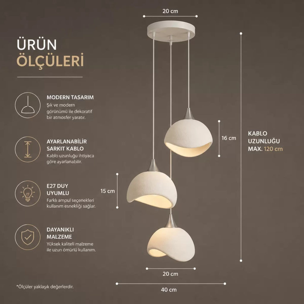 Beton Görünümlü İskandi̇nav Tarzi Salon Oturma Odası 3'lü Avize 32 X 70 Cm Beyaz