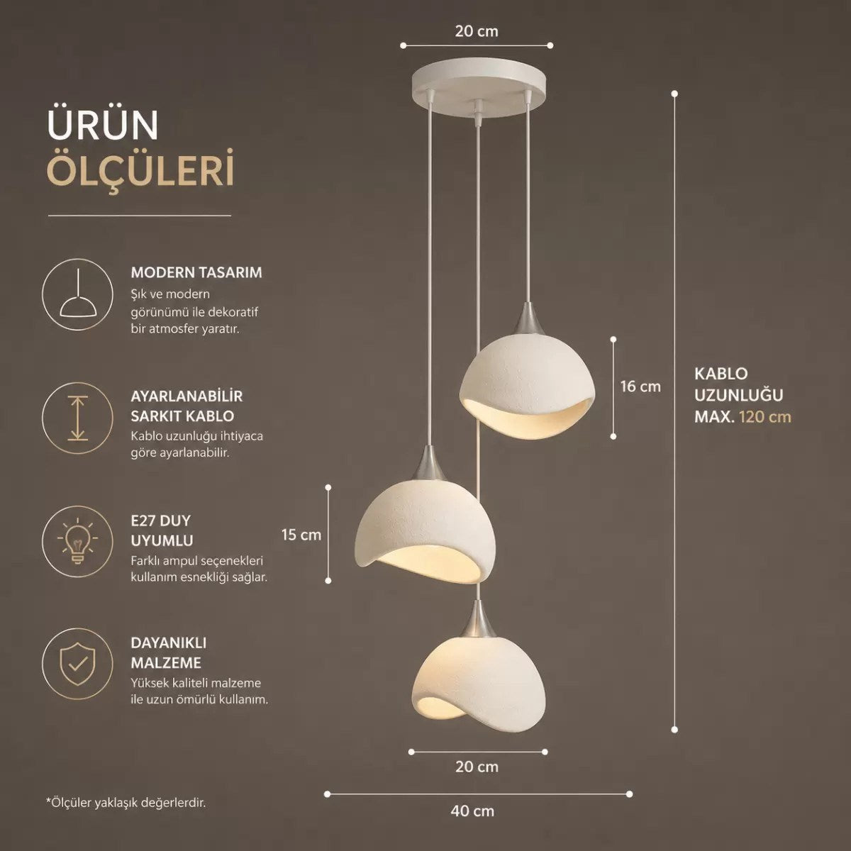 Beton Görünümlü İskandi̇nav Tarzi Salon Oturma Odası 3'lü Avize 32 X 70 Cm Beyaz