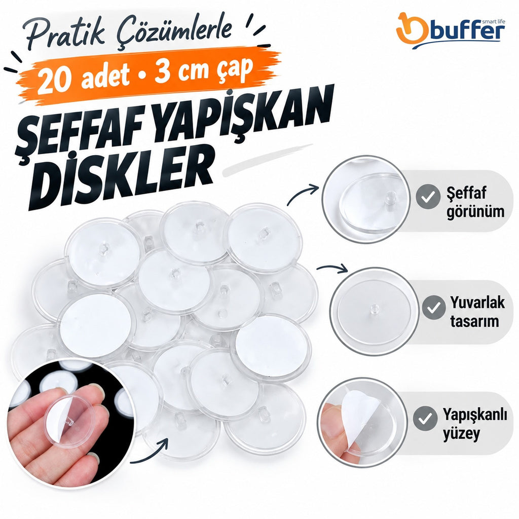 20 Adet Şeffaf Yuvarlak 3 Cm Çaplı Güçlü Disk Yapışkanlar