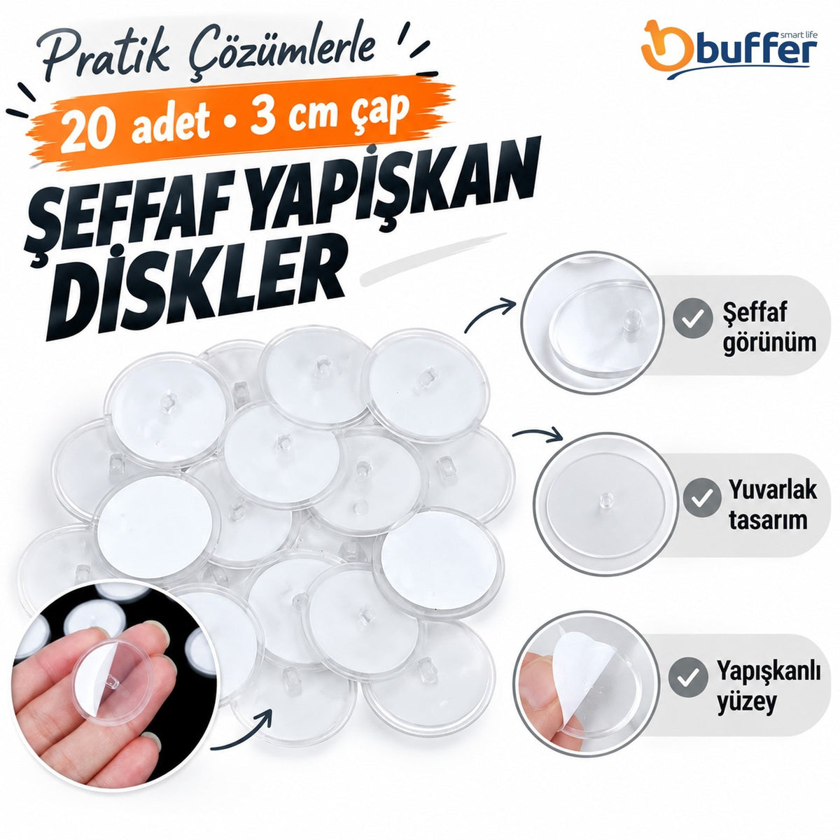 20 Adet Şeffaf Yuvarlak 3 Cm Çaplı Güçlü Disk Yapışkanlar
