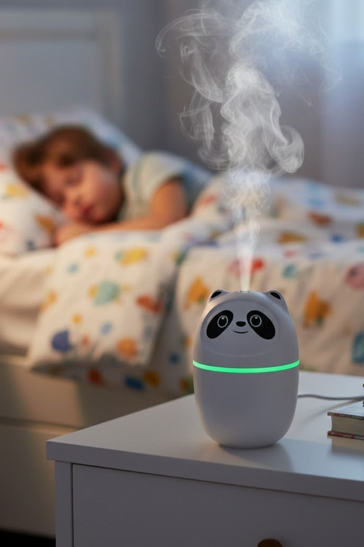 Sevimli Panda Figürlü Hava Nemlendirici – Ultrasonik Soğuk Buhar Makinesi, LED Işıklı Masaüstü Oda Nemlendirici