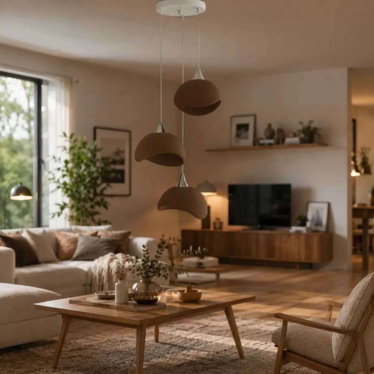 Beton Görünümlü İskandi̇nav Tarzı Salon Oturma Odası 3'lü Avize 32 X 70 Cm Kahverengi
