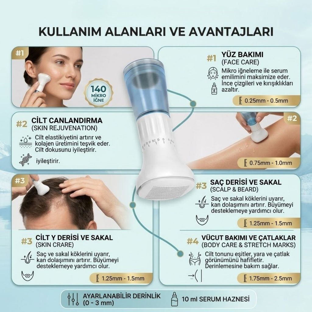BUFFER 140 İğneli Serum Hazneli Dermaroller – 0-3 mm Ayarlı Dermaroller Mikro İğneli Saç, Cilt ve Vücut Bakım Aparatı