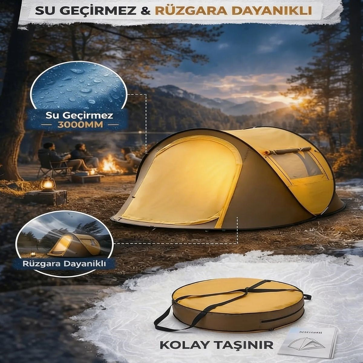 BUFFER 2 Kişilik Vagon Tipi Yarı Otomatik Kamp Çadırı – Çift Kapılı, Çift Pencereli, Hafif Taşınabilir Outdoor Doğa Çadırı 220x120x90 cm