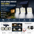 3'lü 122 LEDLİ Güneş Enerjili Hareket Sensörlü Aydınlatma, Dış Mekan Duvar ve Bahçe Lambası Solar LED
