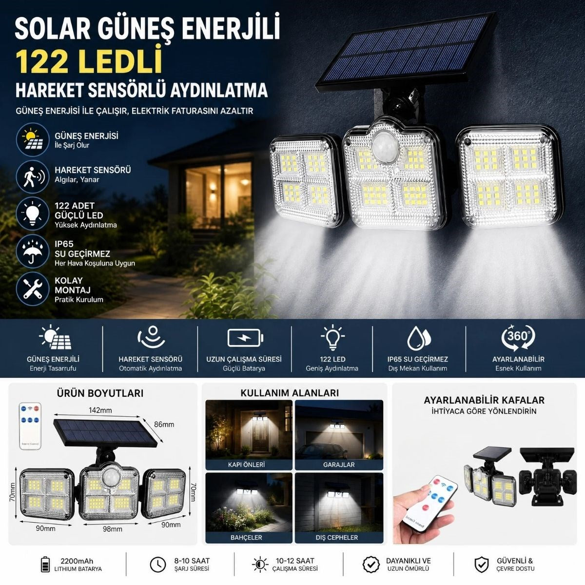 BUFFER 3'lü 122 LEDLİ Güneş Enerjili Hareket Sensörlü Aydınlatma, Dış Mekan Duvar ve Bahçe Lambası Solar LED