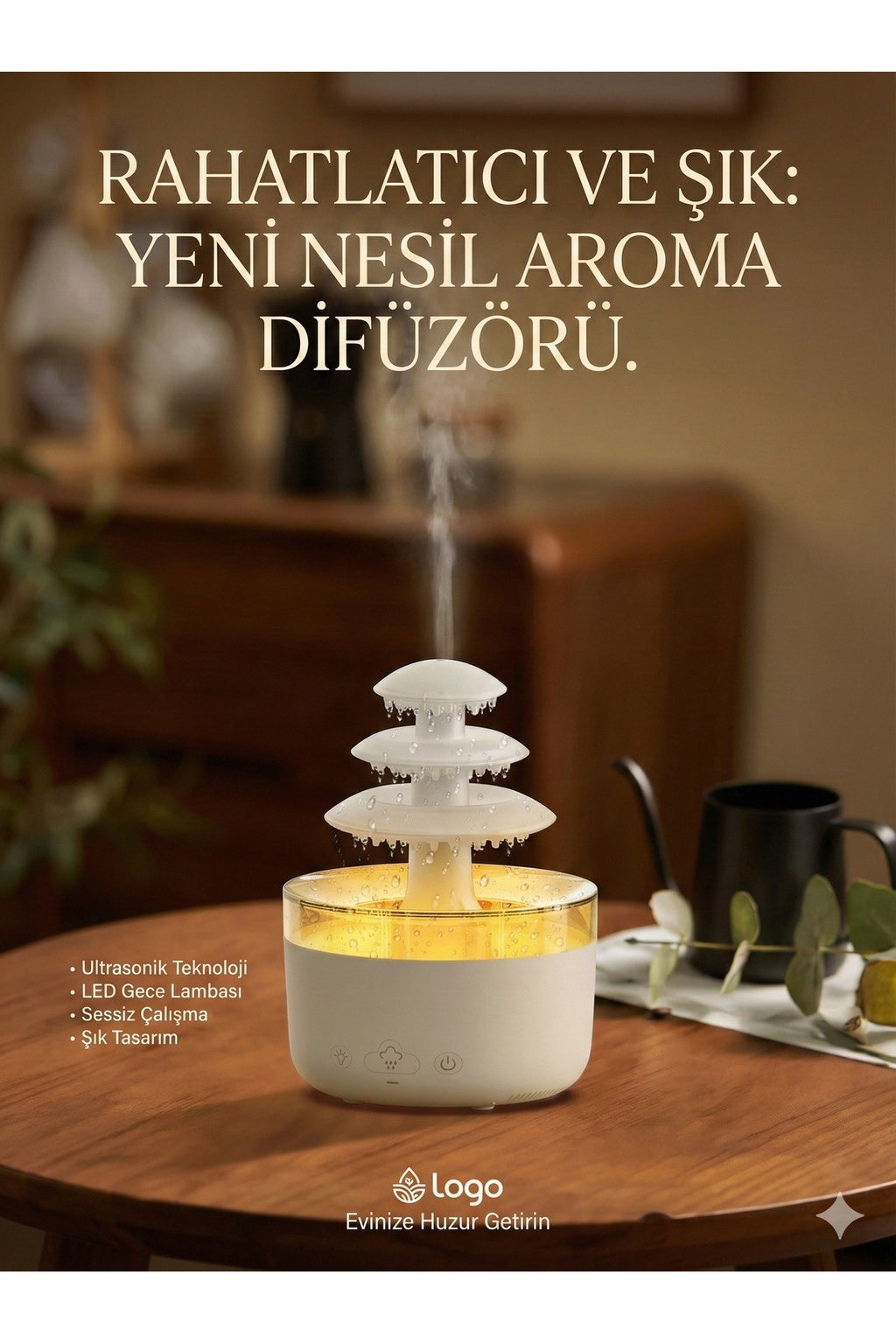 3 Katlı Şelale YAĞMUR Tasarımlı Ultrasonik Aroma Difüzör – 6 Renk LED Işıklı Hava Nemlendirici