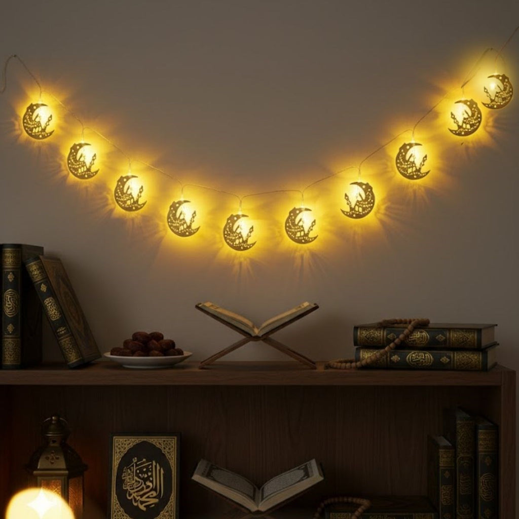 10 Adet Sarkıtlı Ramazan Hilal Üstü Cami Temalı LED Işık – Pilli 2 Metre Ramazan Süsü, İslami Dekorasyon, Ev ve Mekanlar İçin Dekoratif Ortam