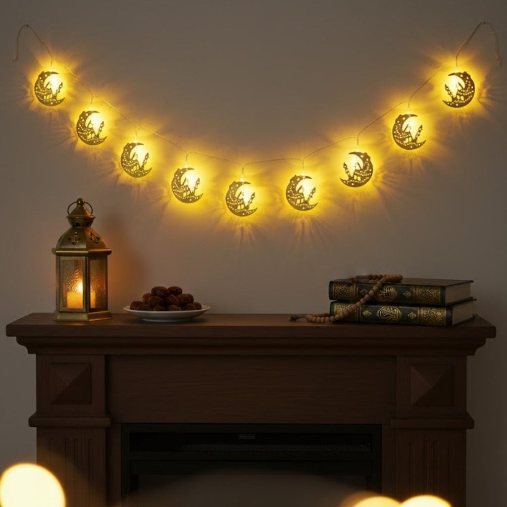 10 Adet Sarkıtlı Ramazan Hilal Üstü Cami Temalı LED Işık – Pilli 2 Metre Ramazan Süsü, İslami Dekorasyon, Ev ve Mekanlar İçin Dekoratif Ortam