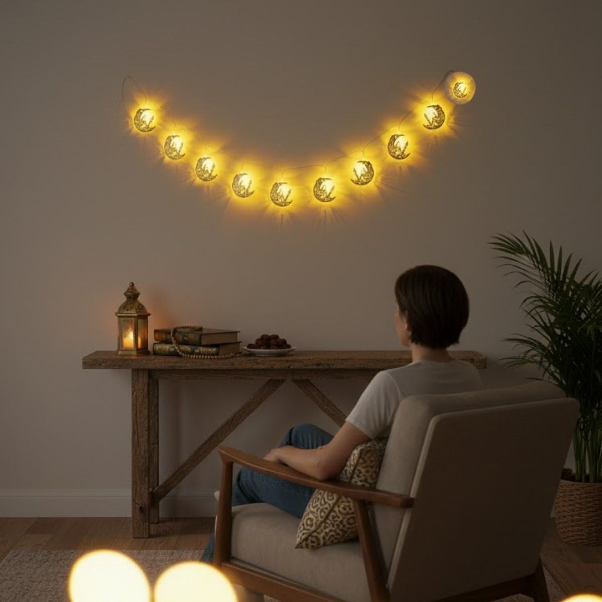 10 Adet Sarkıtlı Ramazan Hilal Üstü Cami Temalı LED Işık – Pilli 2 Metre Ramazan Süsü, İslami Dekorasyon, Ev ve Mekanlar İçin Dekoratif Ortam