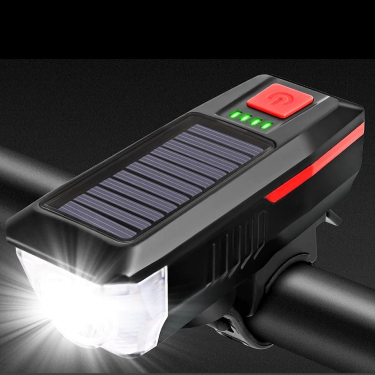 BUFFER Solar Enerjili USB ile Şarj Edilebilir Ledli Bisiklet Feneri Kornalı ve Su Geçirmez Far