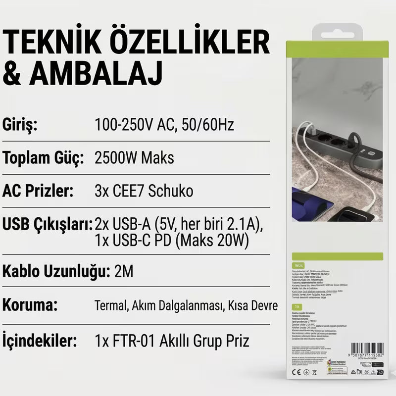 Akım Korumalı Çoklu Priz 2500W – 3 Priz + 2 USB + Type-C Hızlı Şarj – 2 Metre Uzatma Kablosu