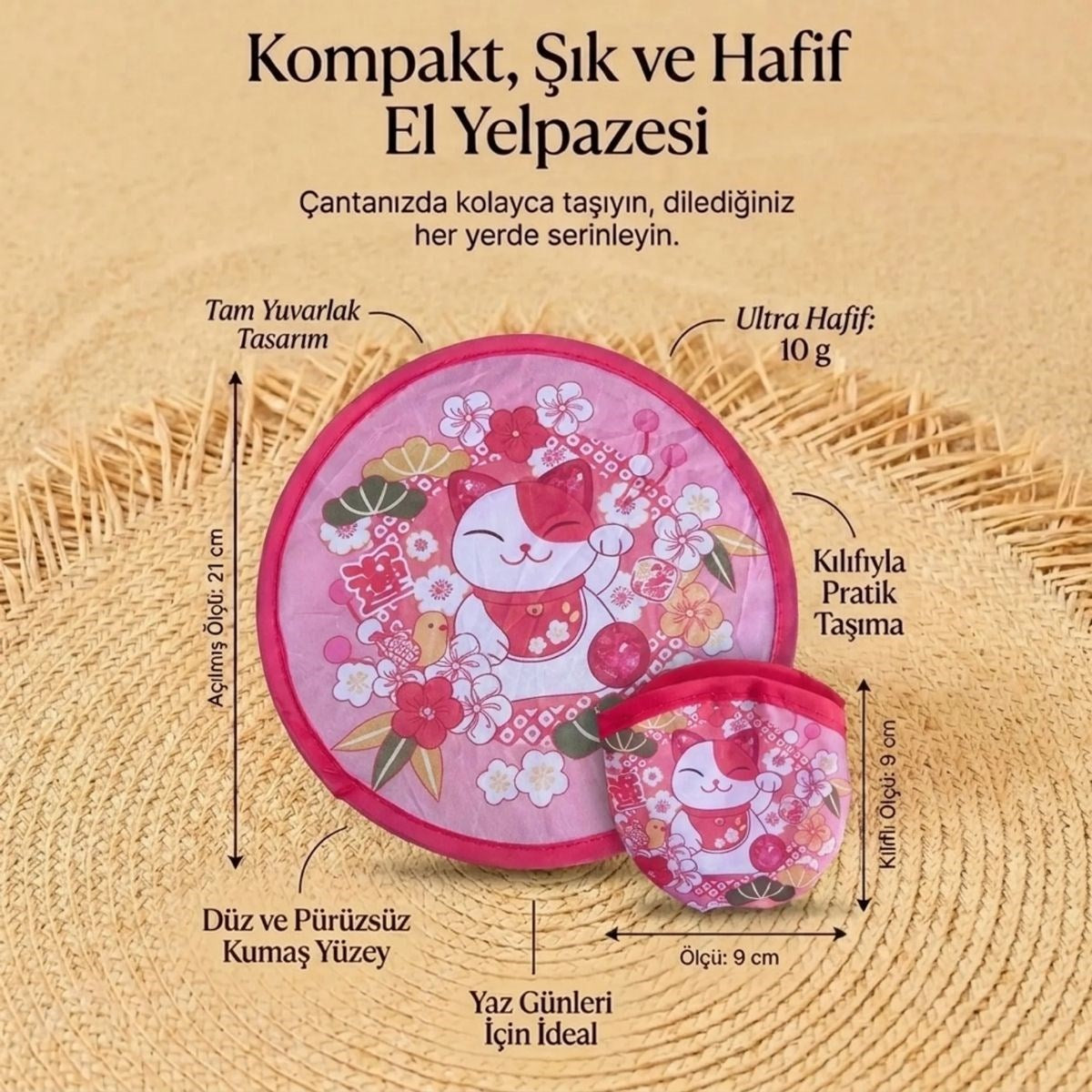 BUFFER Şanslı Kedi (Maneki Neko) Desenli Pratik Katlanabilir El Yelpazesi – Japon Stili Kılıflı Yuvarlak Pratik Otomatik Açılıp Kapanan Cep Yelpazesi