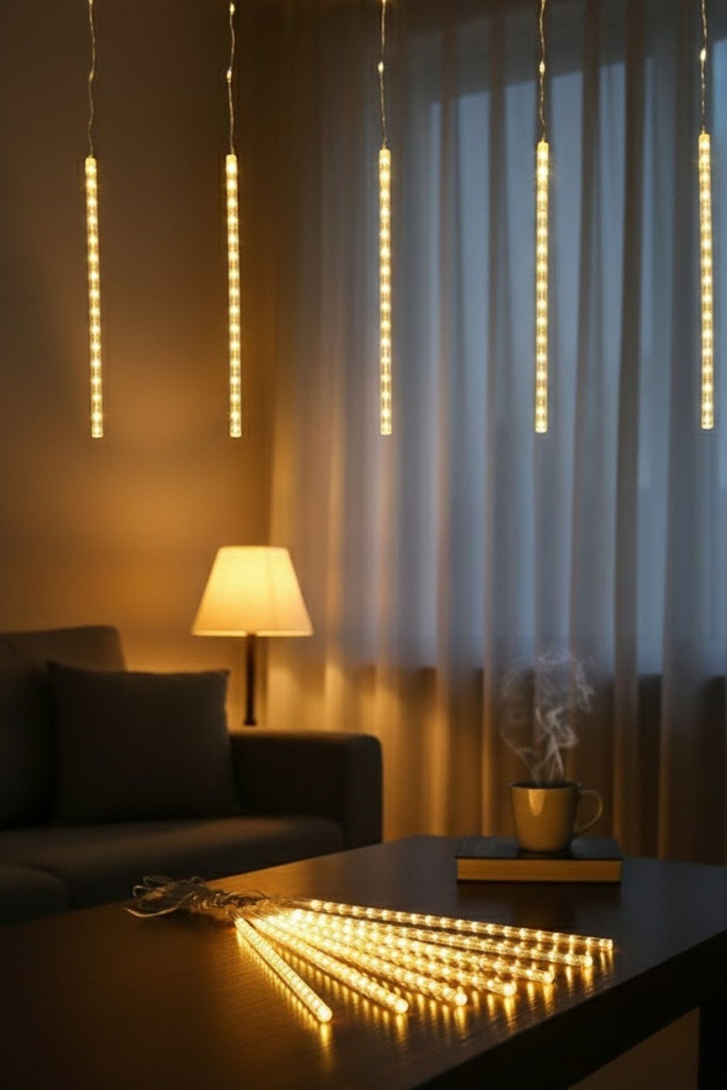 10'lu 45 cm Plastik Meteor LED USB 2M Kablo Sarı Renk Ağaç Işığı – Renk Değiştiren Asmalı Dekoratif Bahçe ve Dış Mekan Aydınlatması
