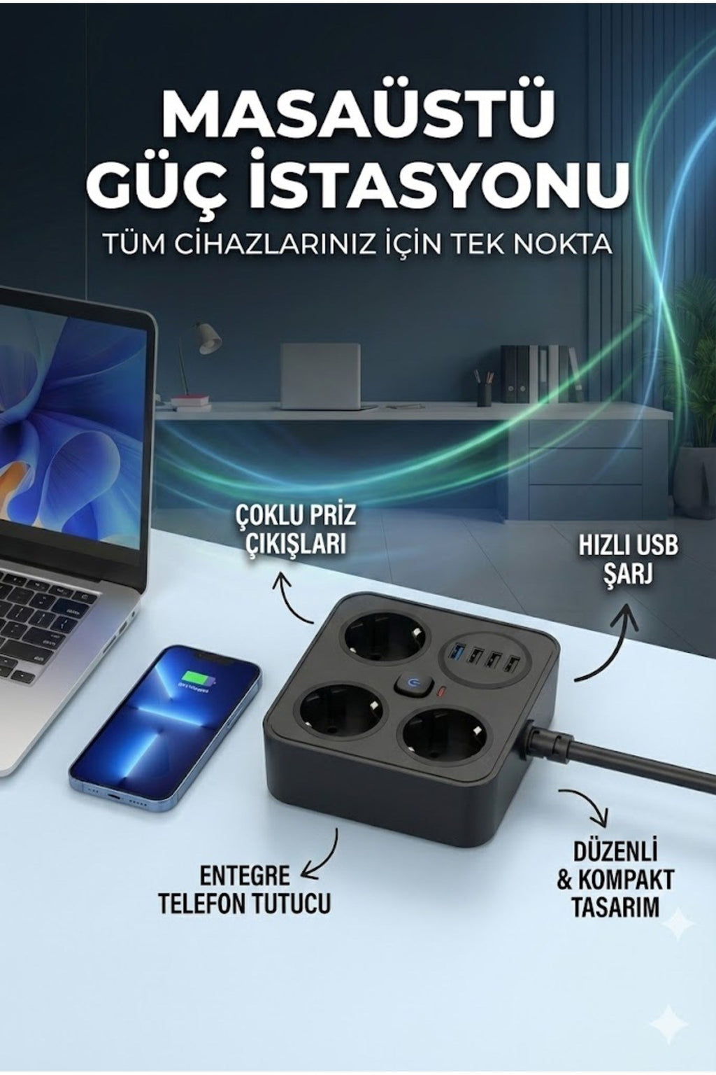AKIM KORUMALI Avrupa Soket Kartı Tip-C Usb 2 m Uzatma Kablosu Emniyet Anahtarı ile