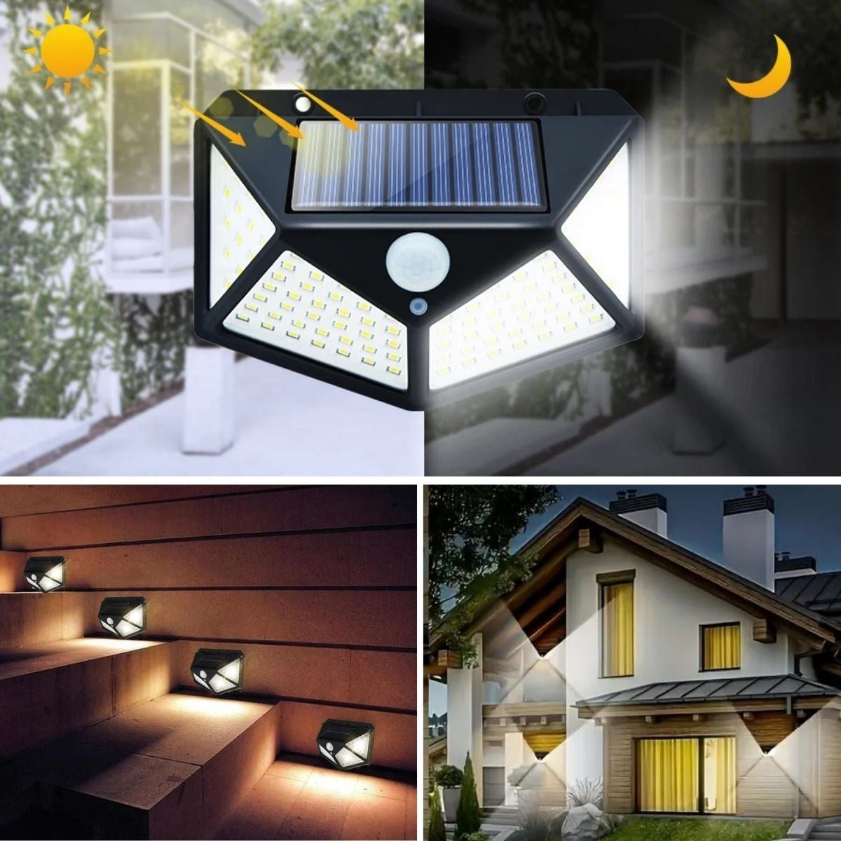 BUFFER 100 Ledli 3 Farklı Aydınlatma Ayarlı Solar Güneş Enerjili Hareket Sensörlü Bahçe Duvar Lambası