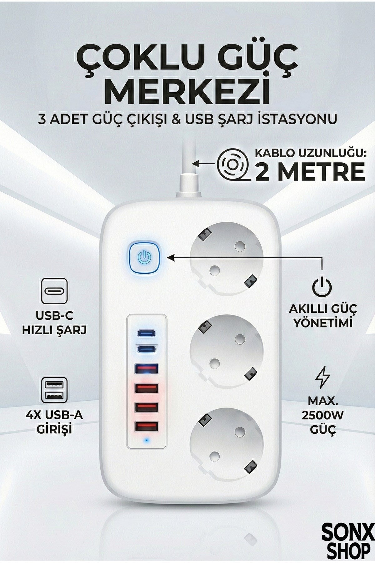 2500W Çoklu Priz 2 METRE – 3’lü AC Priz +5 USB Çıkışı AKIM KORUMALI Alev Almayan Gövde,