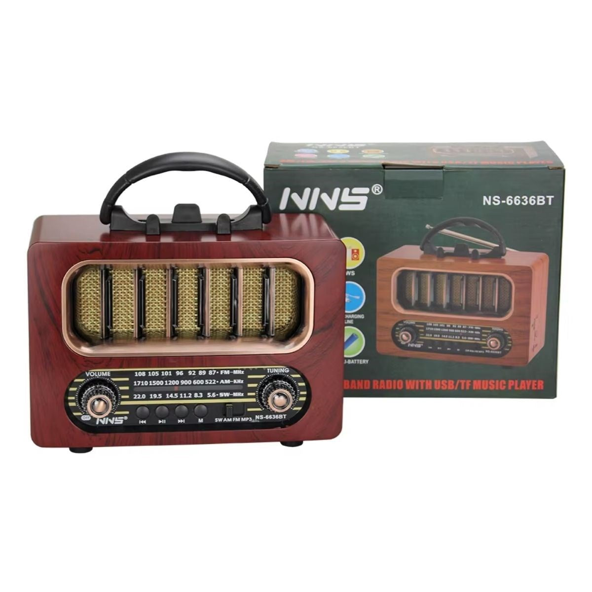 BUFFER Orta Boy Retro Ahşap Tasarım Bluetooth Hoparlörlü Radyo – FM/AM Destekli, Şarjlı ve Taşınabiliri Radyo NS-6636