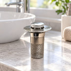 Sepet Filtreli Basmalı Lavabo Gider Süzgeci, Uzun Silindirik Filtreli Lavabo Tıpası, Saç ve Kalıntı Toplayıcı Gider Filtresi