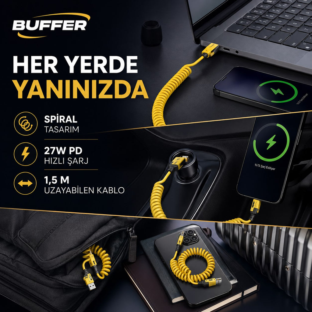 4'ü 1 Arada Esnek Spiral Hızlı Şarj Kablosu, Araç İçi Yaylı Kablo, Type-C ve Lightning Uyumlu Çoklu Şarj Kablosu