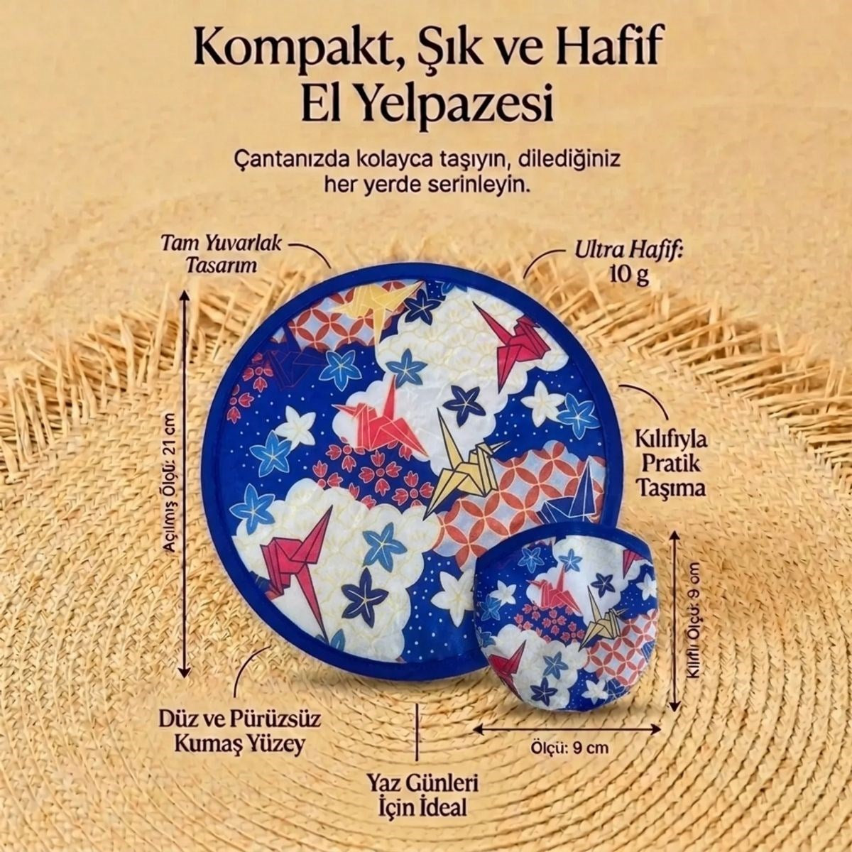 BUFFER Origami Turna Kuşu Desenli Pratik Katlanabilir El Yelpazesi – Japon Stili Kılıflı Yuvarlak Otomatik Açılıp Kapanan Cep Yelpazesi
