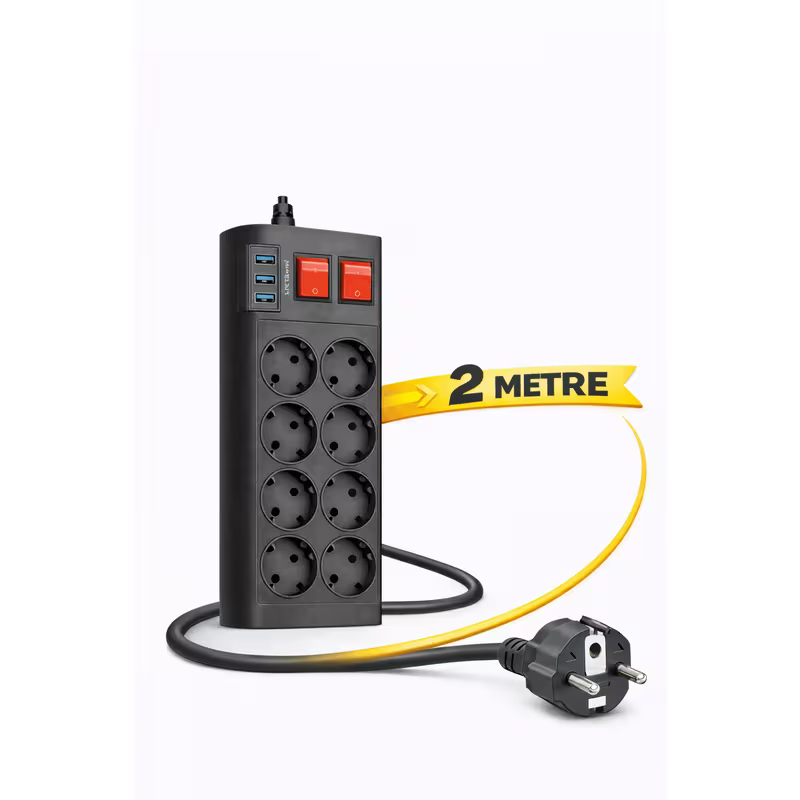 8’li Çoklu Priz + USB & USB-C + 2 Metre Güç Kablosu | Güç Dağıtıcı Elektrik Uzatma Kablosu – Ev / Ofis / Masaüstü