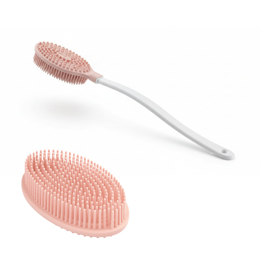 Uzun Saplı Vücut Temizlik ve Masaj Fırçası (Beyaz Sap, Pembe TPE Başlık) – 41 cm, 7×12 cm