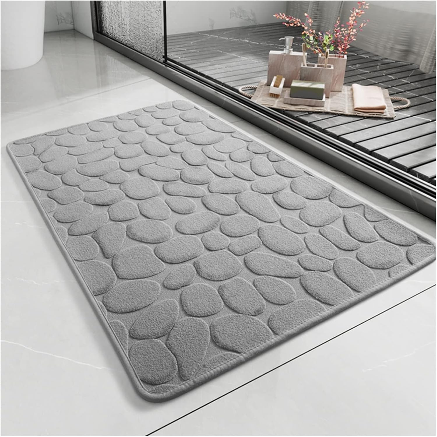 Hafızalı Köpük Banyo Paspası 60×40 cm – Kaydırmaz Tabanlı, Hızlı Kuruyan Mikrofiber, Taş Dokulu Gri Banyo Matı - Herseyben.de