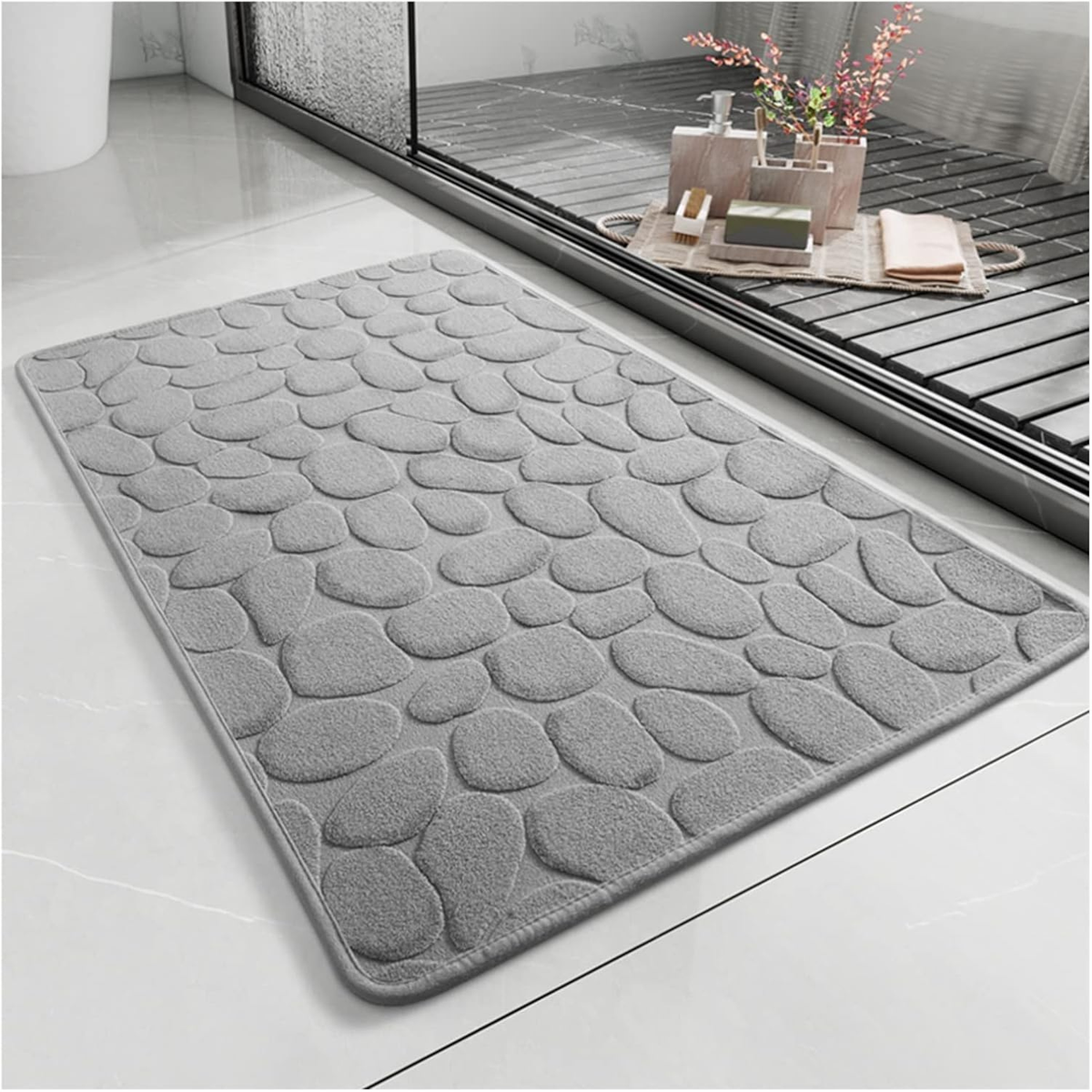 Hafızalı Köpük Banyo Paspası 60×40 cm – Kaydırmaz Tabanlı, Hızlı Kuruyan Mikrofiber, Taş Dokulu Gri Banyo Matı