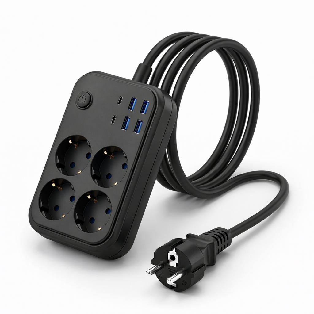 4’lü Topraklı Priz Çoklayıcı 2 Metre Kablolu | 4 USB Girişli (3 USB-A + 1 USB-C) Akım Korumalı Açma Kapama Düğmeli