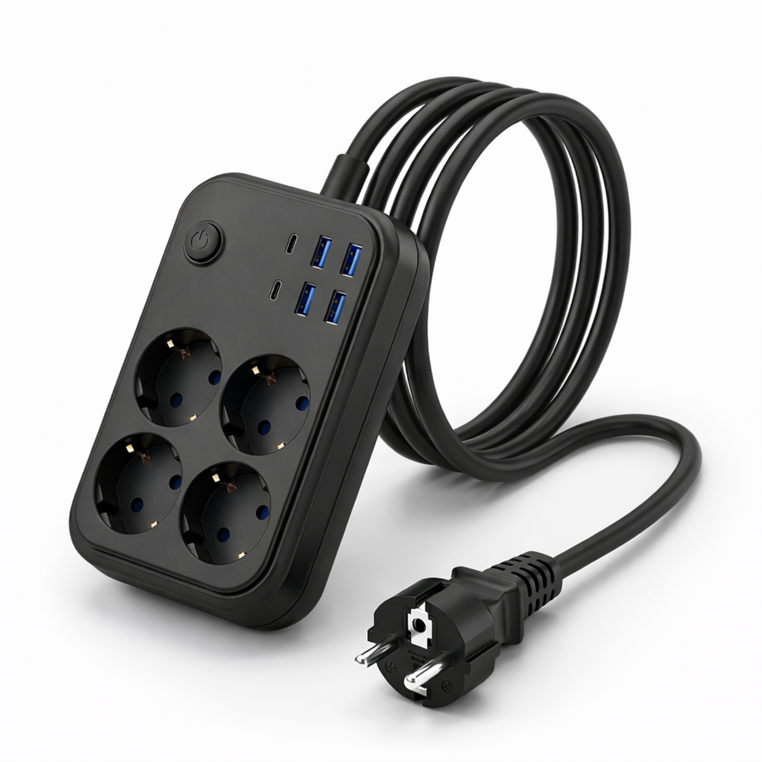4’lü Topraklı Priz Çoklayıcı 2 Metre Kablolu | 4 USB Girişli (3 USB-A + 1 USB-C) Akım Korumalı Açma Kapama Düğmeli