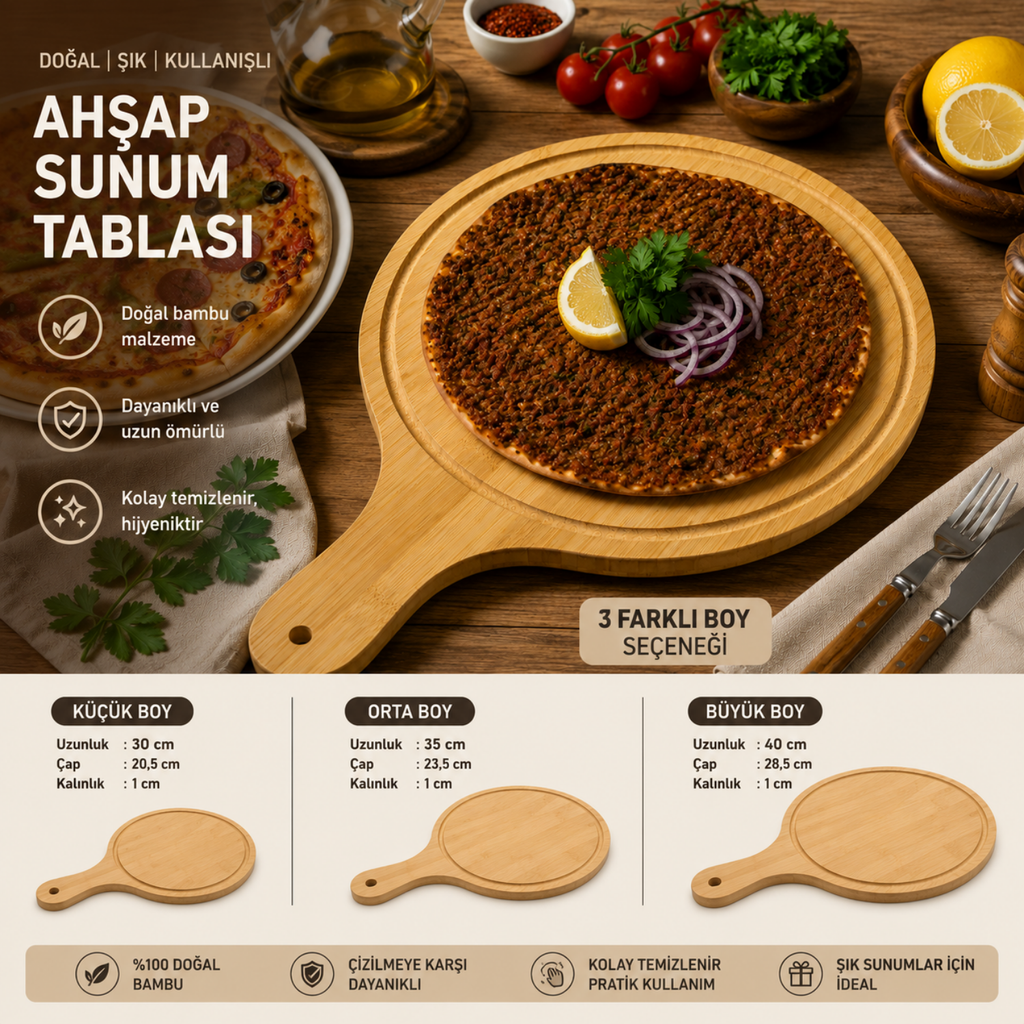 Bambu Pizza & Lahmacun Sunum Tahtası – Ahşap Yuvarlak Servis Tepsisi – 3 Boy Seçeneği