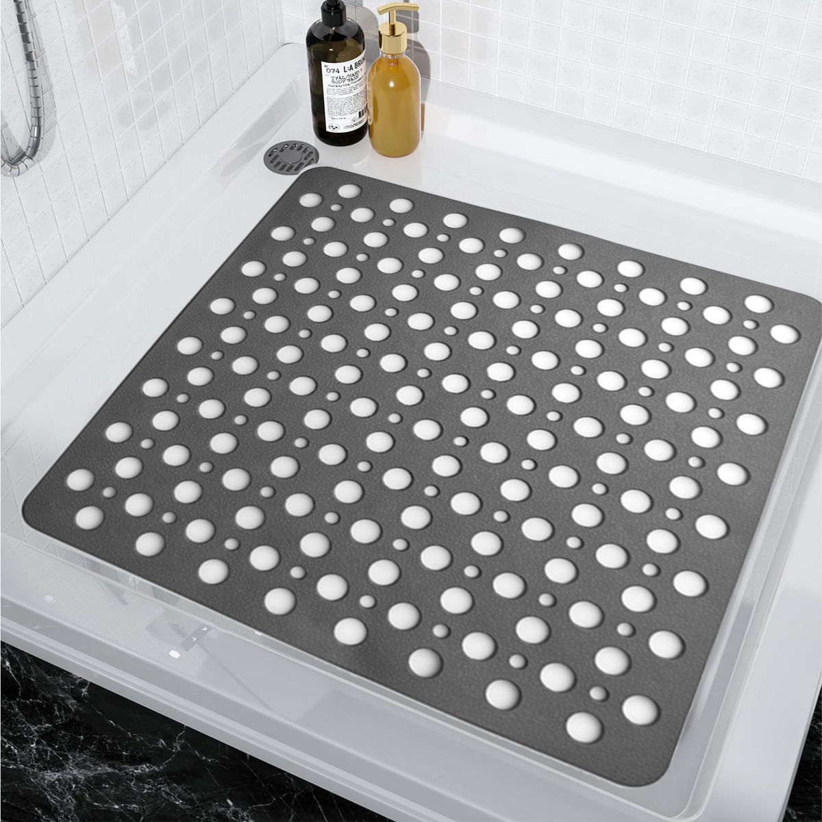 Purish | Kaymaz Banyo Paspası | Antrasit Gri | 54x54cm – Dikdörtgen Duş Matı, Küvet Paspası | Güçlü Vantuzlu, Su Tahliyeli, Yumuşak | Makinede Yıkanabilir | Kaydırmaz Zemin Matı